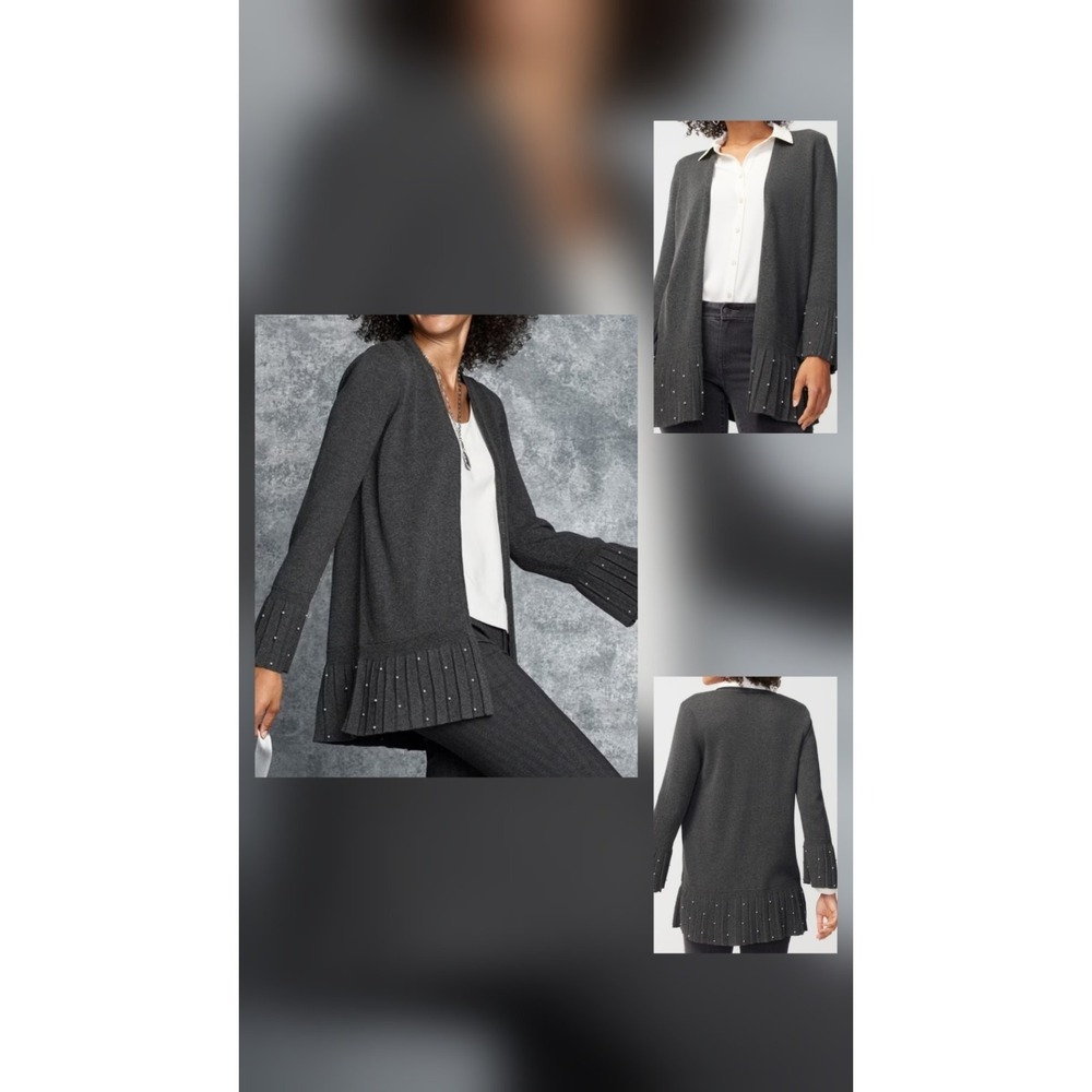 Chico's SZ 0/S Open Front Longline Lagenlook Black Pleated Faux Pearl Cardigan